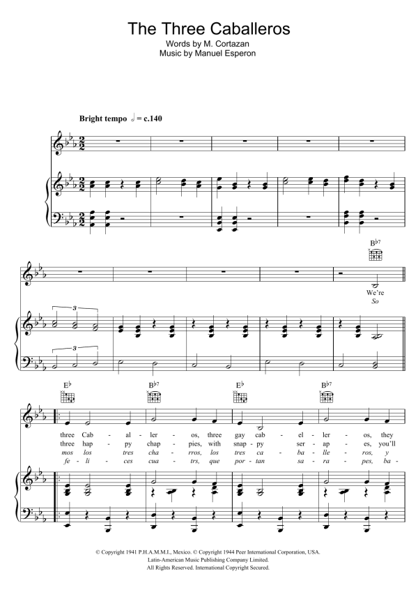 The Andrews Sisters The Three Caballeros Musik Noten - Piano, Vocal & Guitar Chords - 48014-0