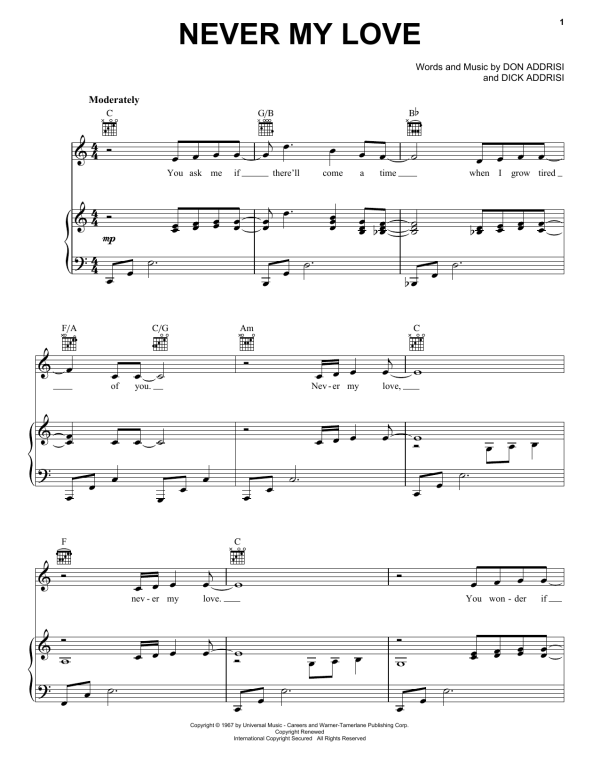 The Association Never My Love Musik Noten - Piano, Vocal & Guitar Chords - 53848-0