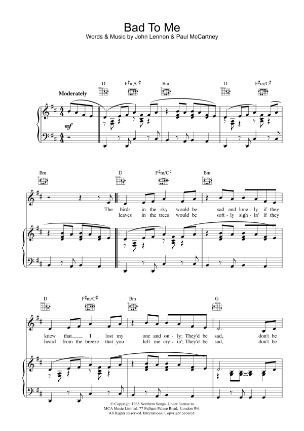 The Beatles Bad To Me Musik Noten - Piano, Vocal & Guitar Chords - 15027-0