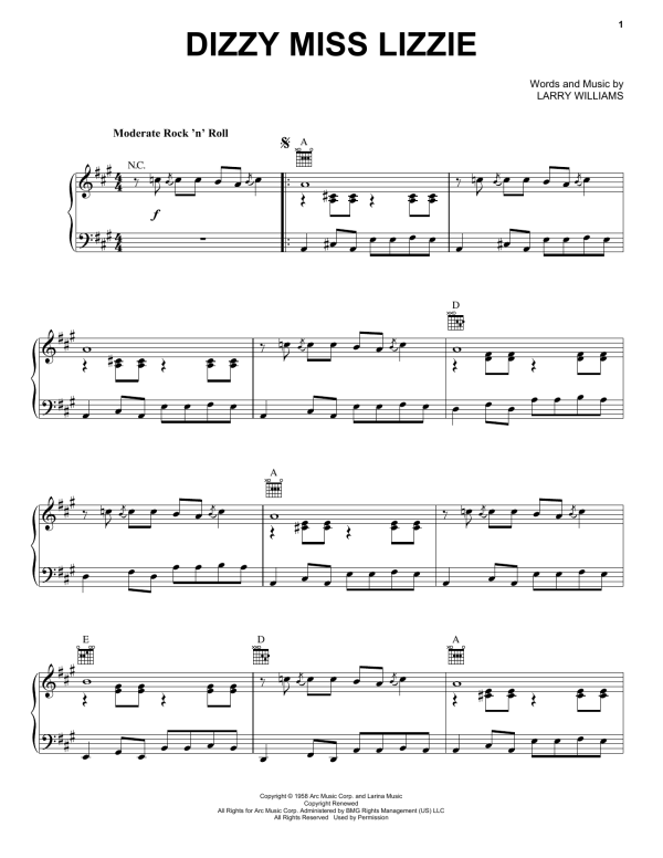 The Beatles Dizzy Miss Lizzie Musik Noten - Piano, Vocal & Guitar Chords - 18250-0