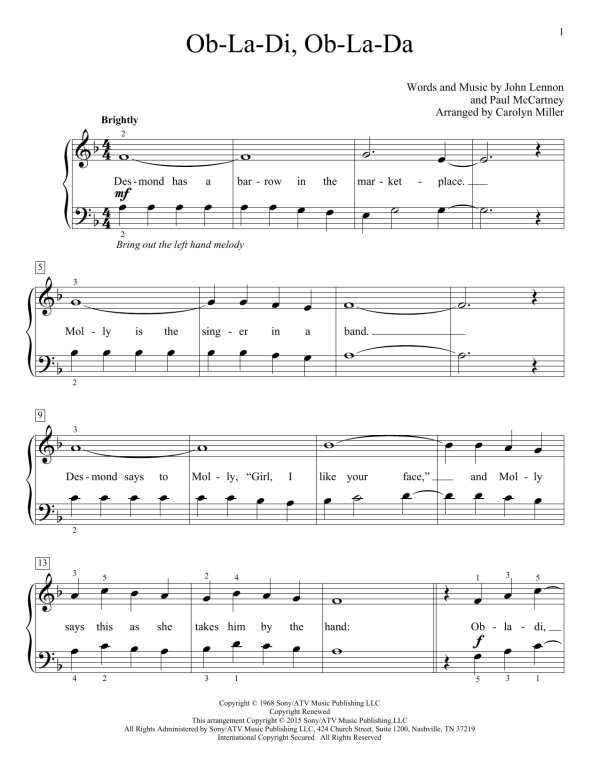 The Beatles Ob-La-Di, Ob-La-Da (arr. Carolyn Miller) Musik Noten - Educational Piano - 157234-0
