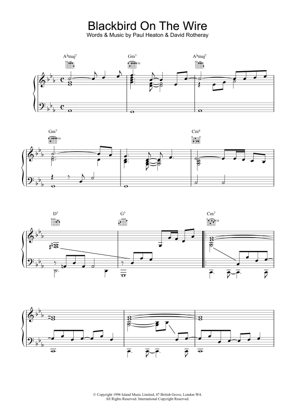 The Beautiful South Blackbird On The Wire Musik Noten - Piano, Vocal & Guitar Chords - 17191-0