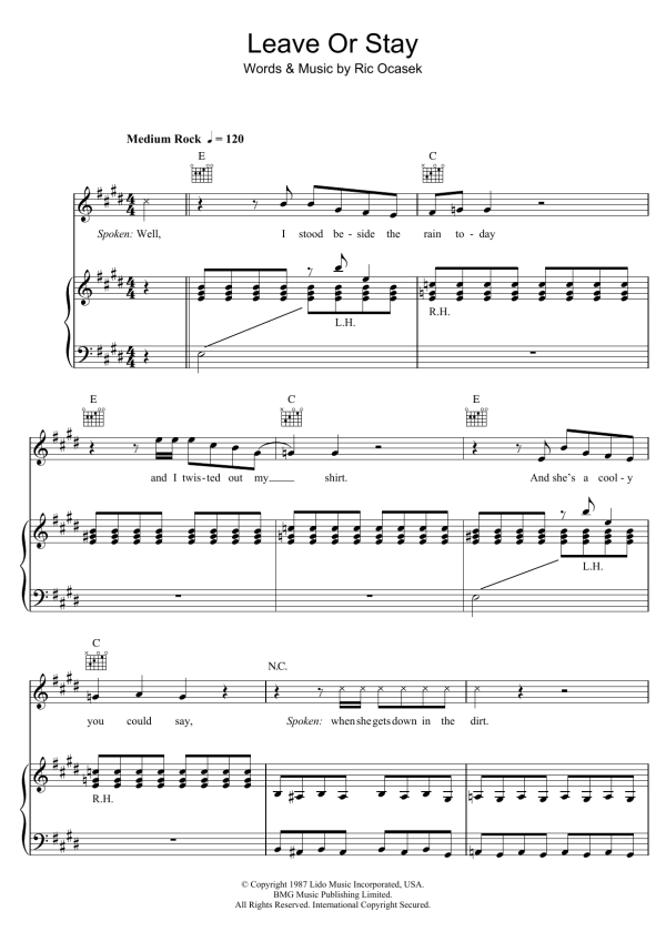 The Cars Leave Or Stay Musik Noten - Piano, Vocal & Guitar Chords - 105937-0