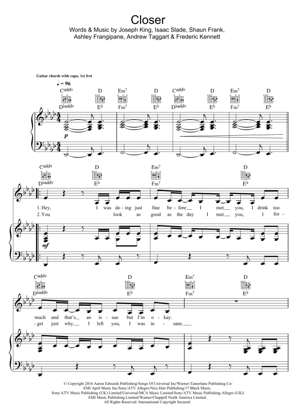 The Chainsmokers Closer (featuring Halsey) Musik Noten - Piano, Vocal & Guitar Chords - 123962-0