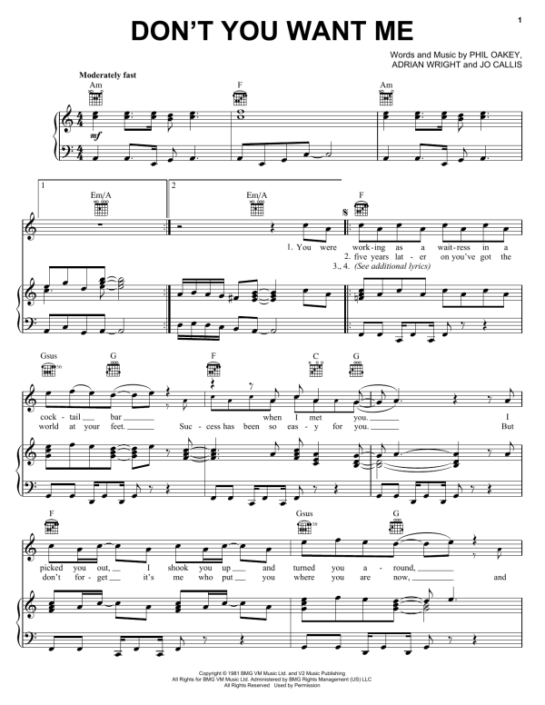 The Human League Don't You Want Me Musik Noten - Piano, Vocal & Guitar Chords - 18156-0