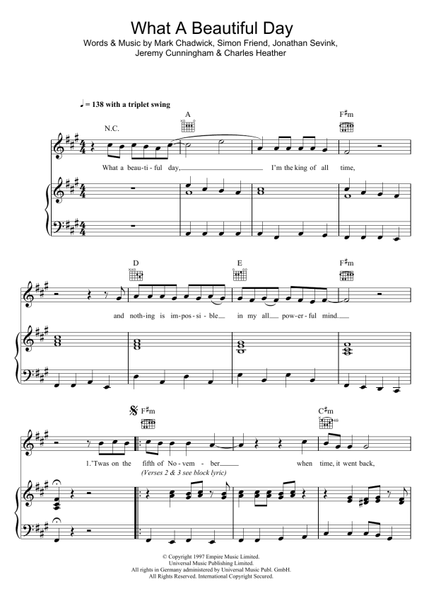 The Levellers What A Beautiful Day Musik Noten - Piano, Vocal & Guitar Chords - 17588-0