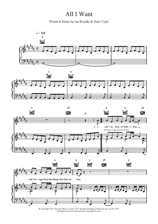 The Lightning Seeds All I Want Musik Noten - Piano, Vocal & Guitar Chords - 17320-0
