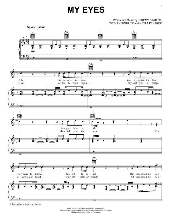 The Lumineers My Eyes Musik Noten - Piano, Vocal & Guitar Chords - 173125-0