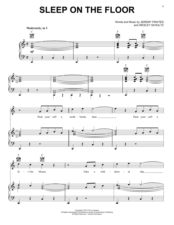 The Lumineers Sleep On The Floor Musik Noten - Piano, Vocal & Guitar Chords - 173127-0