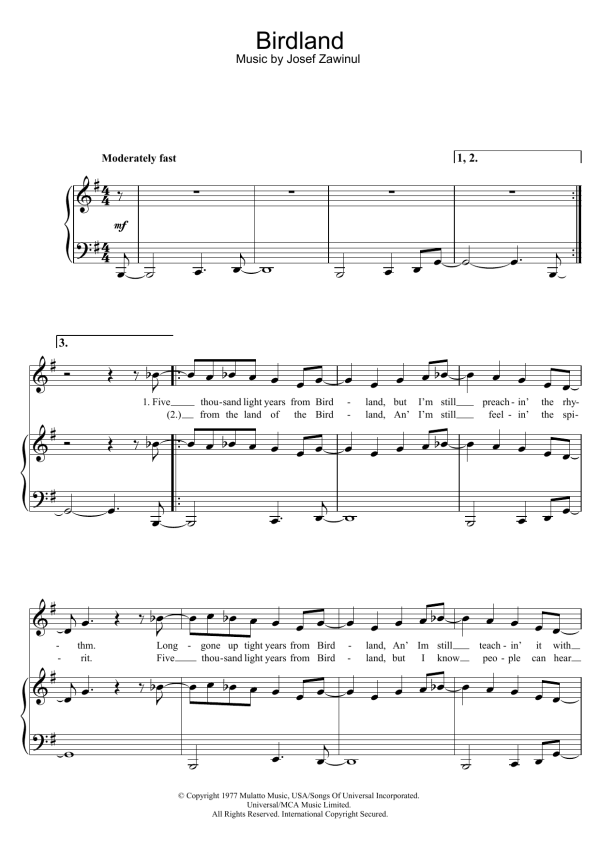 The Manhattan Transfer Birdland Musik Noten - Piano, Vocal & Guitar Chords - 122981-0