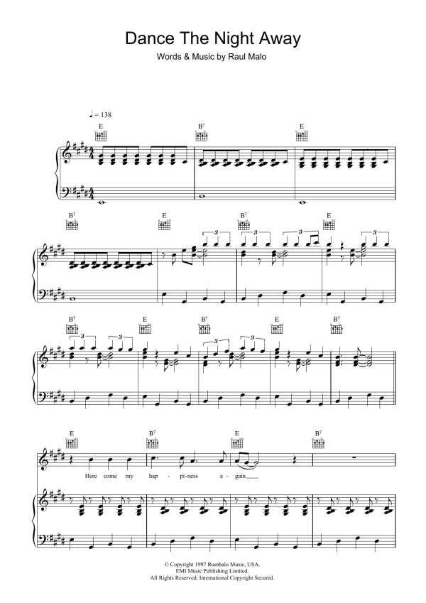The Mavericks Dance The Night Away Musik Noten - Piano, Vocal & Guitar Chords - 100821-0