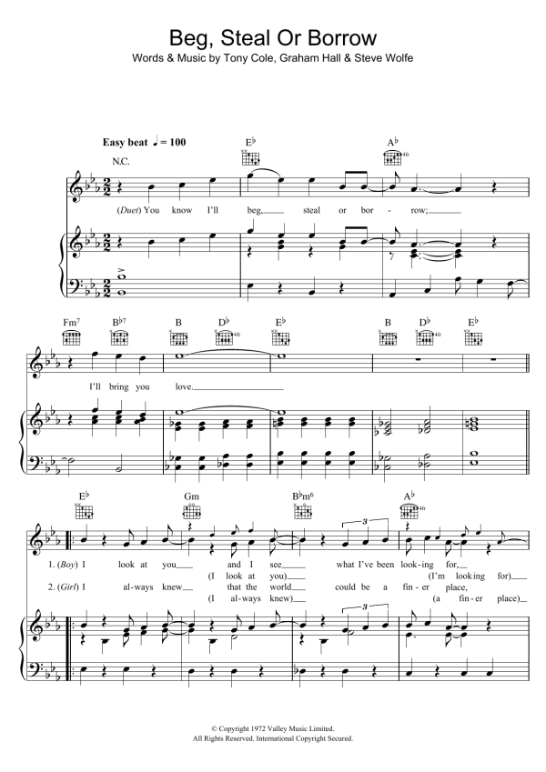 The New Seekers Beg, Steal Or Borrow Musik Noten - Piano, Vocal & Guitar Chords - 105516-0