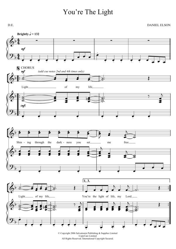 The Salvation Army You're The Light Musik Noten - Piano, Vocal & Guitar Chords - 123470-0