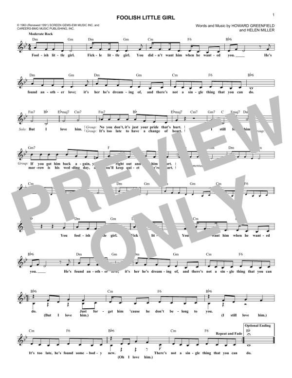 The Shirelles Foolish Little Girl Musik Noten - Lead Sheet / Fake Book - 174698-0