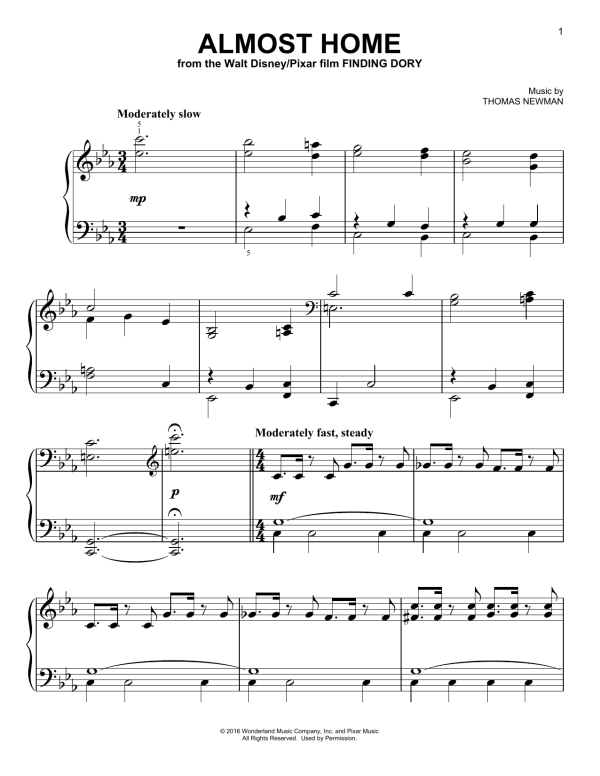 Thomas Newman Almost Home (from Finding Dory) Musik Noten - Piano Solo - 173878-0