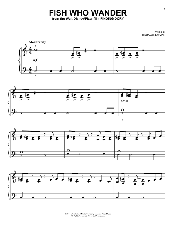 Thomas Newman Fish Who Wander (from Finding Dory) Musik Noten - Easy Piano - 173676-0