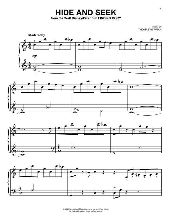 Thomas Newman Hide And Seek (from Finding Dory) Musik Noten - Easy Piano - 173681-0