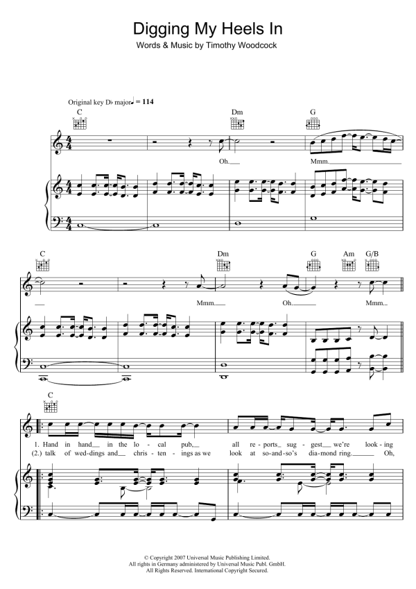 Tim Daniel Digging My Heels In Musik Noten - Piano, Vocal & Guitar Chords - 45684-0