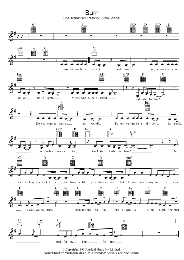 Tina Arena Burn Musik Noten - Lead Sheet / Fake Book - 39160-0