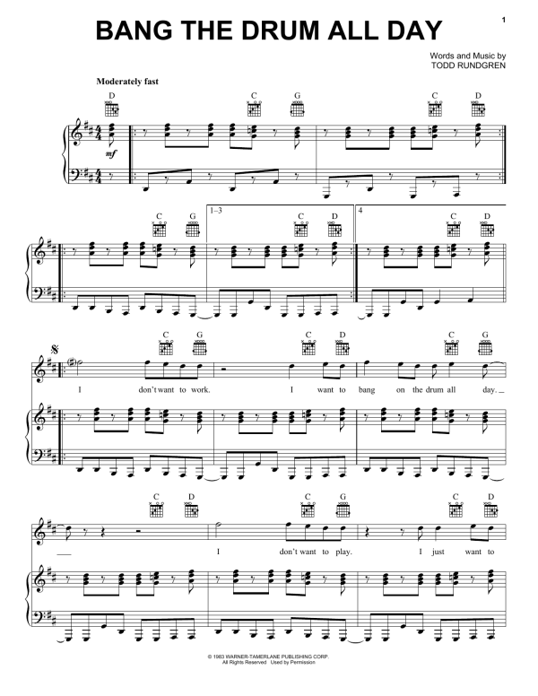 Todd Rundgren Bang The Drum All Day Musik Noten - Piano, Vocal & Guitar Chords - 92188-0
