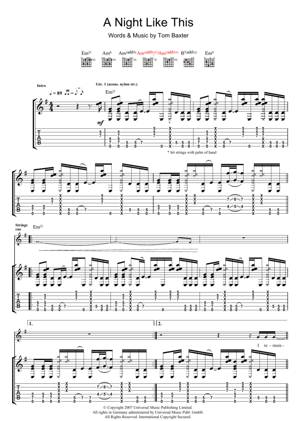 Tom Baxter A Night Like This Musik Noten - Guitar Tab - 39917-0