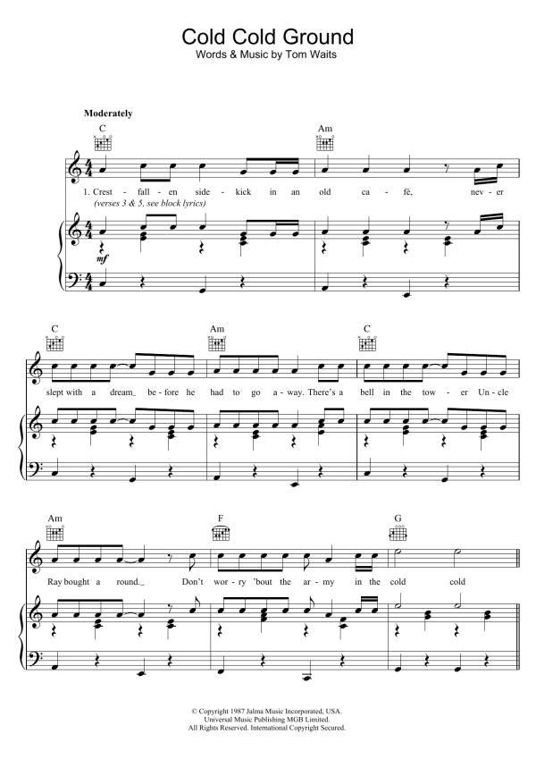 Tom Waits Cold Cold Ground Musik Noten - Piano, Vocal & Guitar Chords - 45688-0