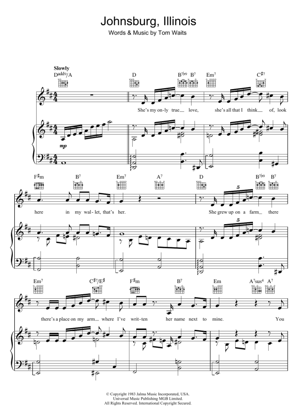 Tom Waits Johnsburg, Illinois Musik Noten - Piano, Vocal & Guitar Chords - 45702-0