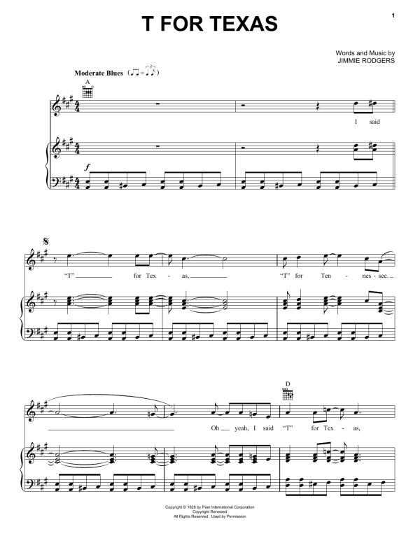 Tompall Glaser T For Texas Musik Noten - Piano, Vocal & Guitar Chords - 76696-0