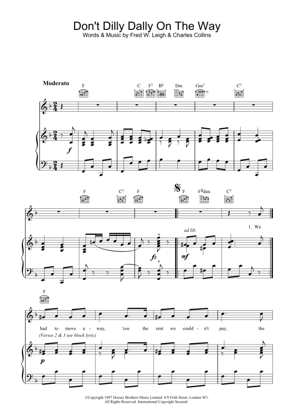 Traditional Don't Dilly Dally On The Way Musik Noten - Piano, Vocal & Guitar Chords - 20241-0