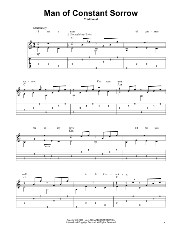 Traditional Man Of Constant Sorrow (arr. Mark Phillips) Musik Noten - Solo Guitar - 167454-0