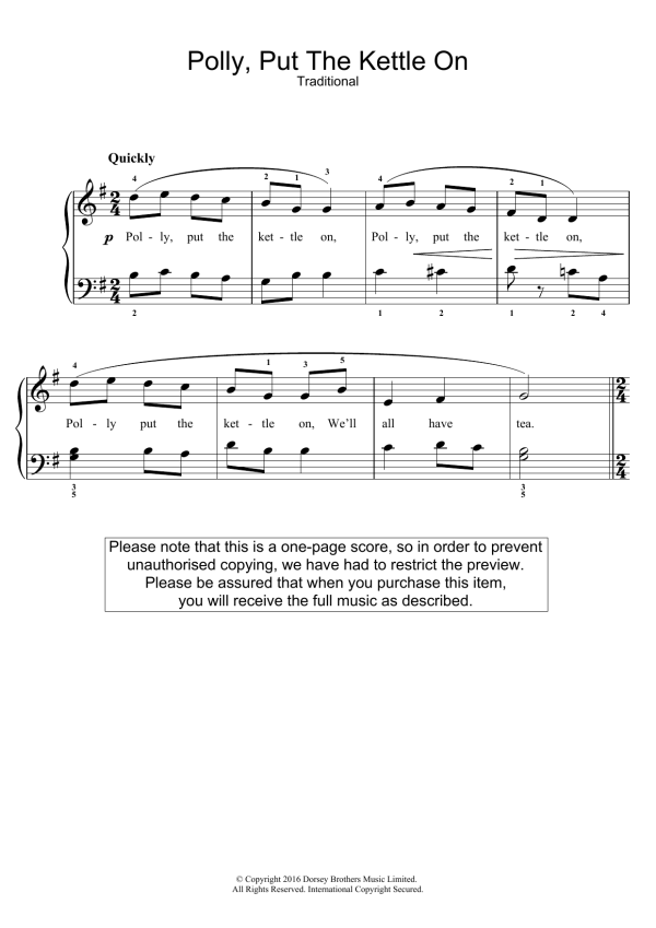 Traditional Nursery Rhyme Polly Put The Kettle On Musik Noten - Easy Piano - 123551-0