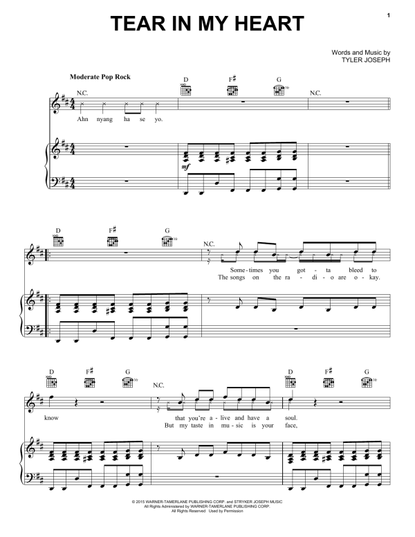 Twenty One Pilots Tear In My Heart Musik Noten - Piano, Vocal & Guitar Chords - 160889-0