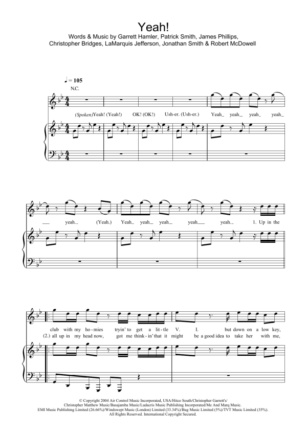 Usher featuring Lil Jon & Ludacris Yeah! (featuring Lil Jon and Ludacris) Musik Noten - Piano, Vocal & Guitar Chords - 33175-0