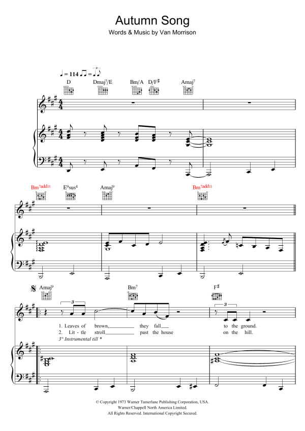 Van Morrison Autumn Song Musik Noten - Piano, Vocal & Guitar Chords - 103786-0