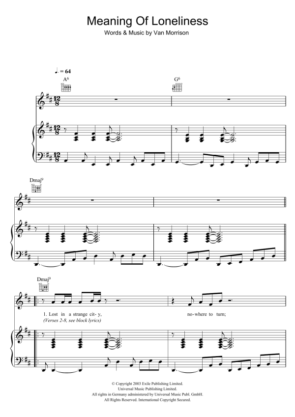 Van Morrison Meaning Of Loneliness Musik Noten - Piano, Vocal & Guitar Chords - 103800-0