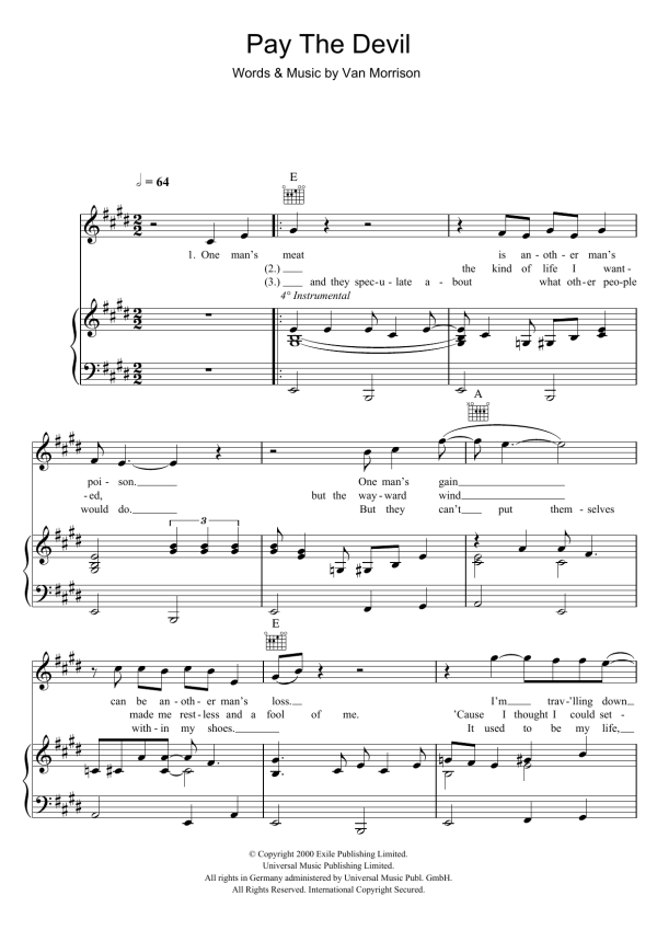 Van Morrison Pay The Devil Musik Noten - Piano, Vocal & Guitar Chords - 103795-0