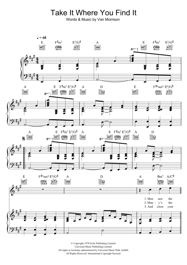 Van Morrison Take It Where You Find It Musik Noten - Piano, Vocal & Guitar Chords - 103793-0