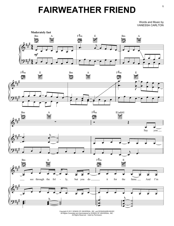 Vanessa Carlton Fairweather Friend Musik Noten - Piano, Vocal & Guitar Chords - 86133-0