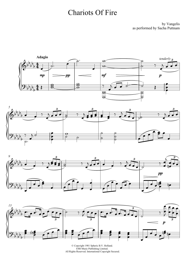 Vangelis Chariots Of Fire (as performed by Sacha Puttnam) Musik Noten - Piano Solo - 119409-0