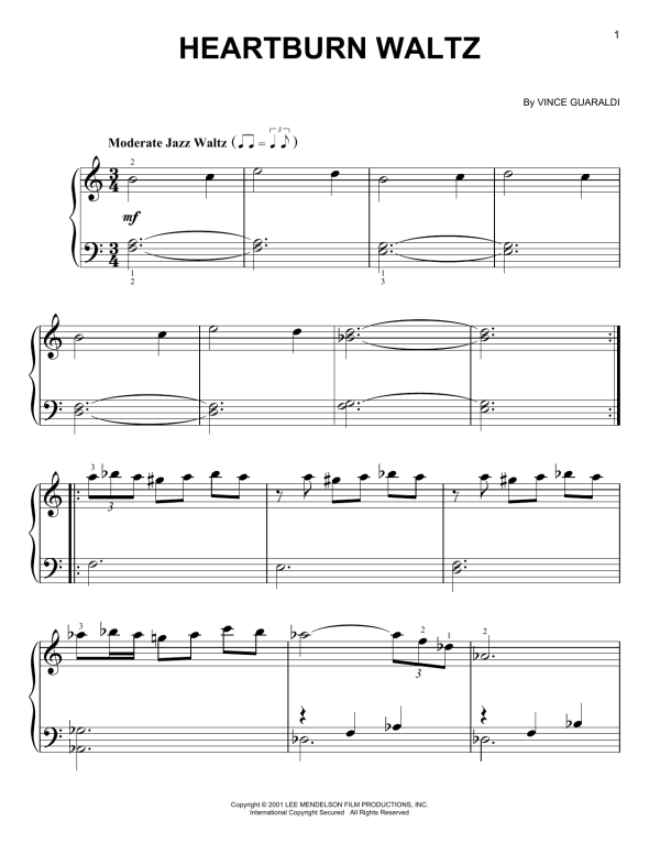 Vince Guaraldi Heartburn Waltz Musik Noten - Easy Piano - 161980-0