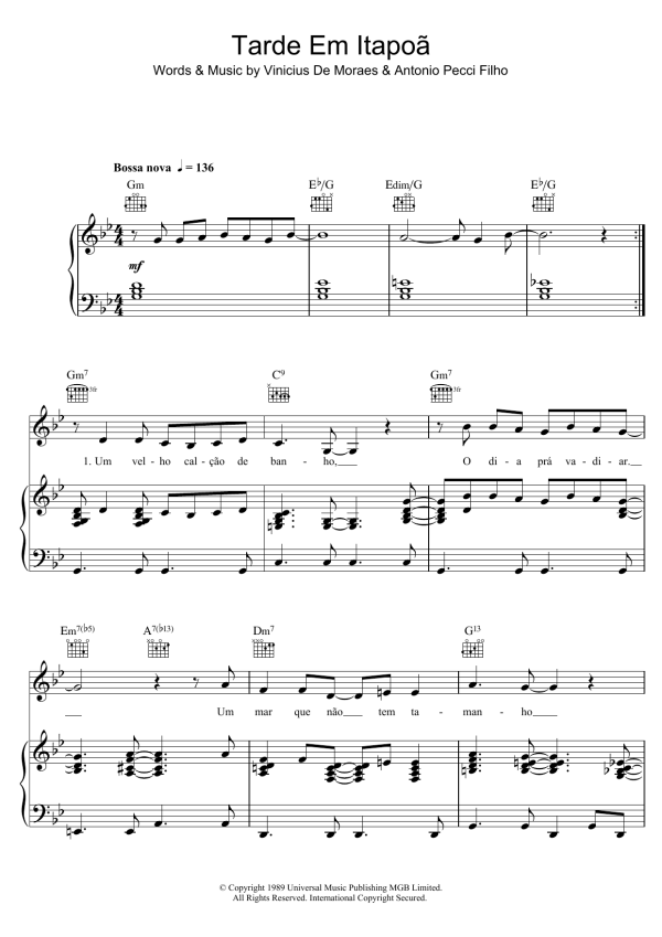 Vinicius de Moraes Tarde Em Itapoa Musik Noten - Piano, Vocal & Guitar Chords - 123716-0