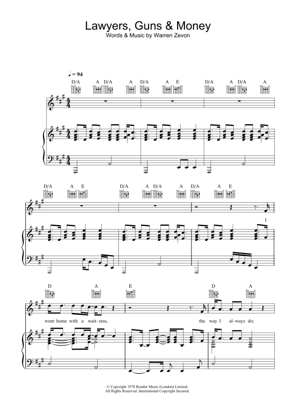Warren Zevon Lawyers, Guns And Money Musik Noten - Piano, Vocal & Guitar Chords - 33893-0