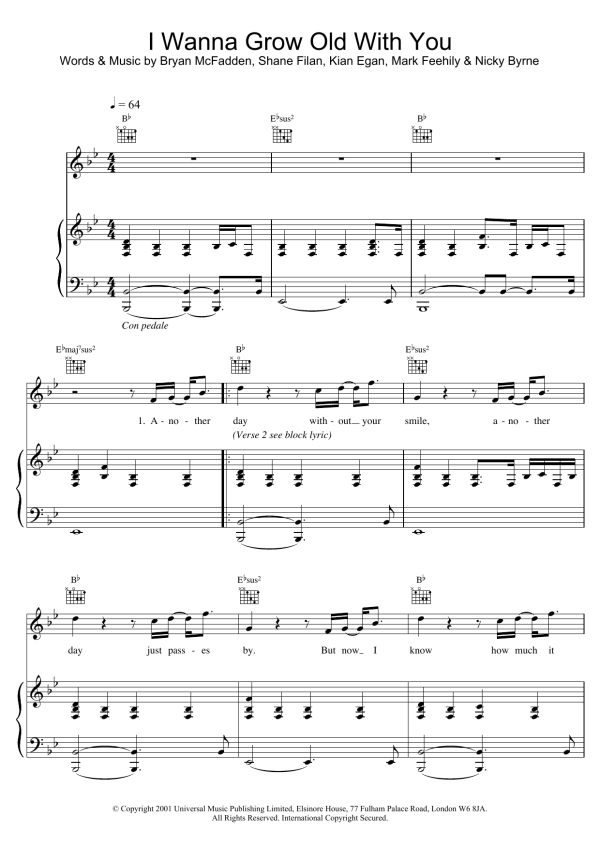 Westlife I Wanna Grow Old With You Musik Noten - Piano, Vocal & Guitar Chords - 20172-0