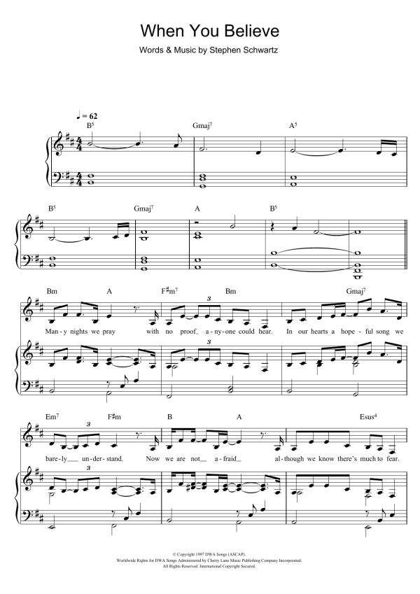 Whitney Houston and Mariah Carey When You Believe [Solo version] (from The Prince Of Egypt) Musik Noten - Piano, Vocal & Guitar Chords - 111672-0