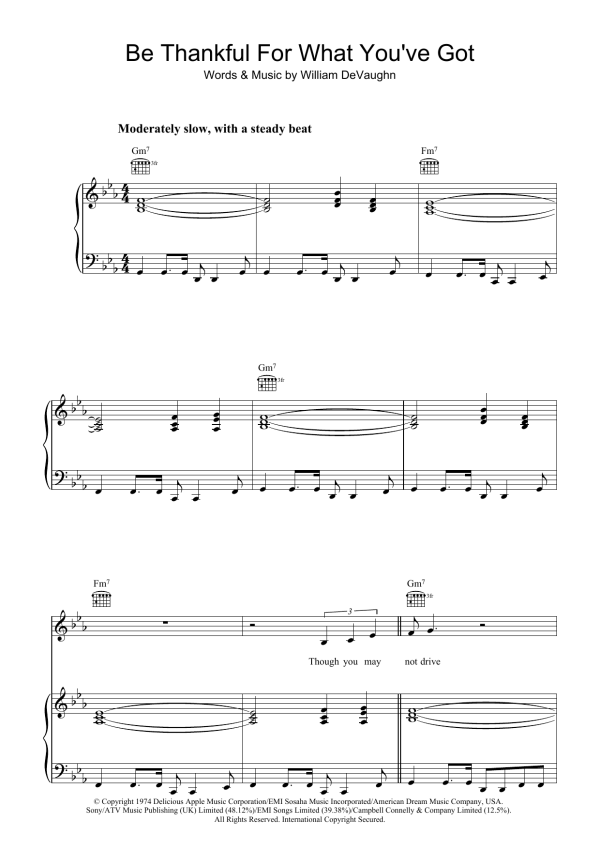 William DeVaughan Be Thankful For What You Got Musik Noten - Piano, Vocal & Guitar Chords - 37520-0