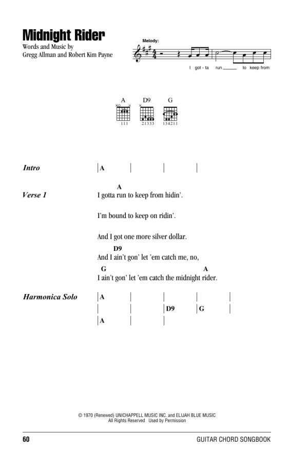 Willie Nelson Midnight Rider Musik Noten - Guitar Chords/Lyrics - 166709-0