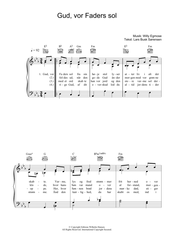 Willy Egmose Gud, Vor Faders Sol Musik Noten - Piano, Vocal & Guitar Chords - 34134-0