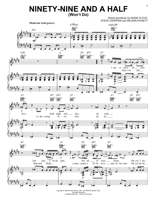 Wilson Pickett Ninety-Nine And A Half (Won't Do) Musik Noten - Piano, Vocal & Guitar Chords - 173326-0