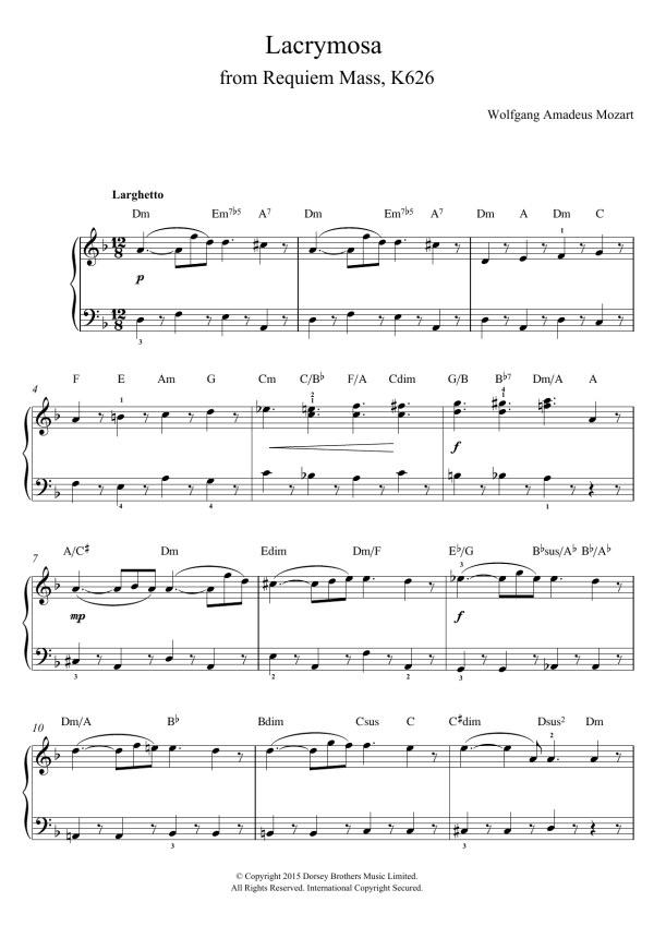 Wolfgang Amadeus Mozart Lacrymosa from Requiem Mass, K626 Musik Noten - Piano, Vocal & Guitar Chords - 122722-0