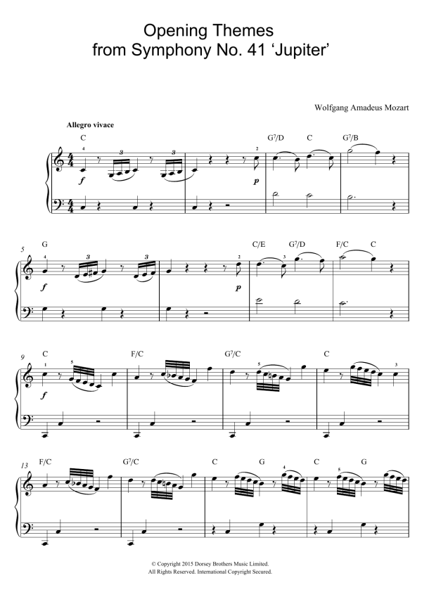 Wolfgang Amadeus Mozart Opening Themes from Symphony No. 41 'Jupiter' Musik Noten - Piano, Vocal & Guitar Chords - 121123-0